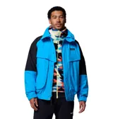 Campera técnica Columbia de diseño retro, impermeable y transpirable con tecnología Omni-Tech. Presenta un esquema de color azul y negro, cuello alto, cierre frontal con solapa protectora, bolsillos frontales amplios y puños ajustables. Incluye un sistema de intercambio con forro reversible con aislamiento sintético.