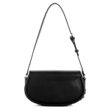 Cartera Guess modelo Danya de formato compacto y estructura rígida, color negro con textura granulada. Presenta solapa frontal con logo triangular metálico de la marca y detalle de correa decorativa con hebilla en la base. Incluye correa larga ajustable para llevar al hombro o cruzada.