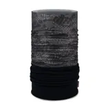 Bufanda tubular Buff de diseño versátil, combinando una sección superior con estampado geométrico en tonos grises y negros con una sección inferior de tejido polar liso en color negro.