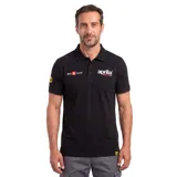 Chomba de piqué color negro con cuello polo y cierre frontal de botones. Presenta el logo de Aprilia Racing estampado en el pecho y la frase #be a racer, además de un detalle en la manga.