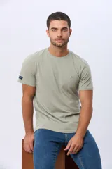 Remera lisa de manga corta y cuello redondo, color gris oscuro, de calce cómodo con pequeño logo bordado en el pecho.