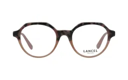 Armazón para lentes de acetato con forma irregular, parte superior con estampado carey y parte inferior color beige.