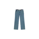 Pantalón de jean estilo flare con diseño de costuras decorativas curvadas en el frente y lavado vintage claro.