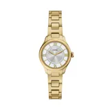 Reloj analógico de pulsera con caja y malla de acero inoxidable en tono dorado. Presenta una esfera plateada con acabado satinado, índices en números romanos y movimiento de cuarzo de tres agujas.