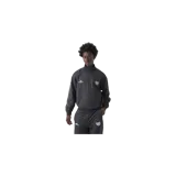Campera deportiva de diseño tipo referee, color negro con finas rayas verticales blancas. Cuenta con cierre frontal completo, cuello alto, bolsillos laterales y líneas blancas decorativas a lo largo de las mangas. Incluye detalles bordados en el pecho.