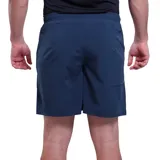 Short deportivo azul marino con cintura elástica y logo reflectivo en la pierna derecha.