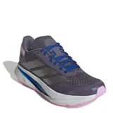 Championes de running Adidas Duramo SL 2, color gris oscuro con detalles en azul eléctrico, lila y rosado. Presentan una malla transpirable, tres franjas laterales plateadas y una suela gruesa blanca con detalles de color en la parte inferior.