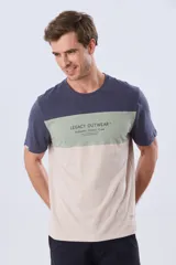 Remera de manga corta con diseño de bloques de color en tonos gris, blanco y azul marino. Cuenta con cuello redondo y una estampa tipográfica en el centro del pecho.