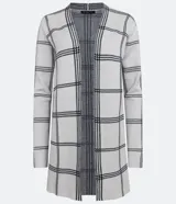 Cardigan alargado de punto con estampado de cuadros grid, manga larga y abertura total.