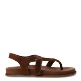 Sandalias de cuero marrón, tipo thong con tira separadora de dedos y cierre con tira ajustable en el talón.