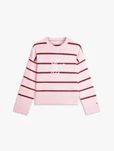 Sweater de punto Tommy Hilfiger confeccionado en puro algodón peinado, de diseño amplio y hombros caídos con rayas horizontales rosadas y burdeos. Cuenta con cuello redondo y logo en fuente Script bordado en el pecho.