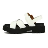 Sandalia Vizzano de mujer con plataforma y taco de 3 cm, tiras blancas cruzadas en el empeine y tira ajustable con hebilla en el talón. Base y suela de color negro.
