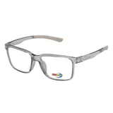 Armazón de anteojos MDQ modelo T43, de diseño rectangular con marco de acetato transparente en tono gris. Cuenta con patillas ergonómicas con detalles en color crema en los extremos.