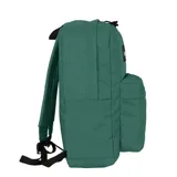 Mochila negra de estilo clásico con compartimento principal amplio, bolsillo frontal con cierre y bolsillos laterales. Incluye división interna para notebook.