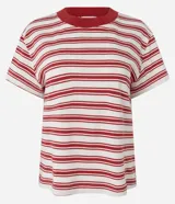 Remera femenina Marfinno de manga corta, confeccionada en mezcla de algodón y poliéster. Presenta un diseño de rayas horizontales, cuello redondo acanalado en color rojo y corte recto.