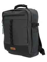 Mochila urbana de poliéster reciclado resistente al agua, con compartimento principal, bolsillo para laptop de 15 pulgadas y compartimentos frontales con cierre. Incluye correas ajustables, pasador para maleta y llavero mosquetón decorativo.