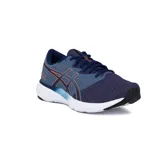 Championes Asics Fuzeblast Se, de color azul marino con detalles en naranja brillante y suela blanca. Diseñados para running y entrenamiento, confeccionados con malla transpirable y refuerzos sintéticos.