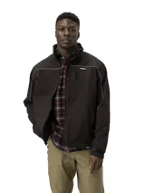 Campera softshell marca Caterpillar de color negro, con cuello alto, cierre frontal completo y bolsillos con cremallera.