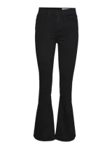 Jean flare de tiro alto en denim elástico, con silueta ajustada que se ensancha levemente hacia el dobladillo. Presenta diseño clásico de cinco bolsillos y cierre frontal con botón y cremallera.