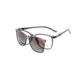 Anteojos de receta con armazón de acetato en color gris traslúcido, que incluye un clip-on magnético con lentes de sol oscuros.