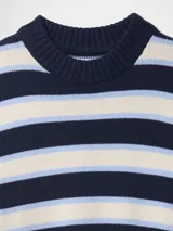 Buzo de punto de algodón con diseño de rayas horizontales en amarillo, azul y blanco. Presenta cuello redondo acanalado, mangas largas y puños y ruedo con terminación elástica.