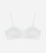 Soutien femenino modelo top de encaje floral blanco, sin copa, sin aro y con tirantes ajustables.