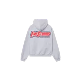 Hoodie oversized gris melange de Eme Studios, con capucha, bolsillo tipo canguro y gran estampado multicolor en la espalda con el logo de la marca.