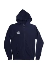 Campera de felpa azul marino con capucha, cierre frontal completo, bolsillos tipo canguro y logo de la marca estampado en blanco en el pecho.