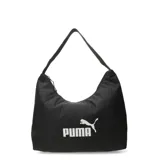 Cartera tipo hobo de Puma, color negro con logo de la marca estampado en blanco en el frente. Presenta un diseño holgado con cierre superior y una correa única para llevar al hombro.