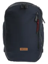 Mochila de diseño funcional en color azul marino, confeccionada en tejido ripstop impermeable. Cuenta con múltiples compartimentos con cierres resistentes al agua, incluyendo un espacio acolchado para laptop, bolsillos laterales y organizadores internos. Presenta espalda ergonómica acolchada, correas ajustables, correa de pecho y detalle de parche de cuero sintético con logo de la marca en el frente.