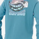 Canguro Rip Curl color celeste, con capucha ajustable con cordones y bolsillo canguro frontal. Presenta un estampado en el pecho con el logo de la marca y la palabra "Surfing".