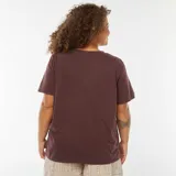 Camiseta marrón de manga corta con estampado de la frase "Sun Day" en color rosa.