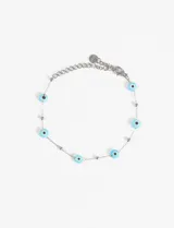Pulsera plateada de acero quirúrgico con dijes de cerámica celeste con forma de ojo turco.