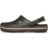 Zuecos Crocs modelo Crocband Clog Gum, color negro con banda lateral en tono caramelo y línea blanca. Diseño con orificios de ventilación, tira trasera pivotante y suela cómoda de espuma Croslite.