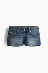 Minishorts de denim de corte ajustado y tiro bajo, con cinco bolsillos, cierre de doble botón y bolsillo monedero con solapa.