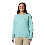 Buzo de cuello redondo color turquesa, con diseño de calce clásico y estampado gráfico pequeño en el pecho que representa un paisaje de sol y olas con el logo de la marca.