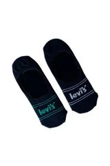 Pack de dos pares de medias invisibles Levi's, una negra con logo y rayas blancas y otra negra con logo y rayas verdes.