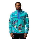 Polar Columbia de cuello alto con cierre frontal de botones a presión, manga larga, bolsillo con cremallera en el pecho y diseño estampado inspirado en Mickey Mouse esquiando sobre fondo turquesa.