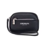 Monedero de mano con diseño rectangular y textura granulada, marca Lincoln's. Cuenta con cierre perimetral, bolsillo frontal con cierre y correa de muñeca integrada.