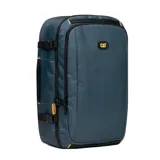 Mochila Caterpillar modelo Voyager Backpack, color azul oscuro con detalles en amarillo y negro. Cuenta con compartimento principal amplio, bolsillo frontal con panel organizador y logo de la marca bordado.