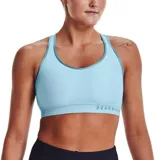 Top deportivo Under Armour celeste con contorno verde, espalda deportiva y logo en la banda inferior.