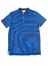 Remera polo de hombre a rayas horizontales en tonos de azul, con cuello y mangas en azul marino. Logo bordado en el pecho. Corte clásico con calce regular.