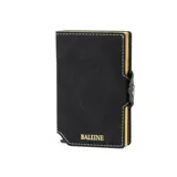 Billetera minimalista de cuero negro con interior dorado, costuras a contratono y logo de la marca grabado en el frente.