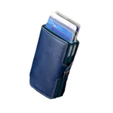 Billetera azul de cuero con capacidad para múltiples tarjetas y sistema de extracción automática.
