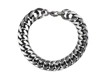 Pulsera de acero plateado con eslabones tipo cadena cubana y cierre de mosquetón.