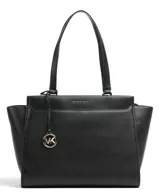 Cartera tote de cuero sintético texturizado color negro, con doble asa superior para hombro y dije colgante metálico con el logotipo MK en tono dorado. Cuenta con el nombre de la marca grabado en la parte frontal superior.