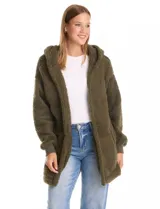 Cardigan de textura tipo corderito, color blanco, con diseño abierto sin botones, capucha amplia y mangas largas con puños de rib elástico. Cuenta con bolsillos delanteros de corte diagonal.