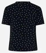 Camiseta de pijama negra con estampado de lunares blancos, cuello redondo y mangas cortas.