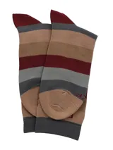 Calcetín de caña media con diseño de rayas horizontales multicolor y logo de la marca RKF bordado en la parte superior.