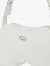 Bolso de hombro Diesel con diseño asimétrico inspirado en mandos de videojuegos. Presenta un acabado brillante, cierre superior con cremallera y detalle metálico esmaltado con el logo Oval D en el frente. Incluye correa ajustable.